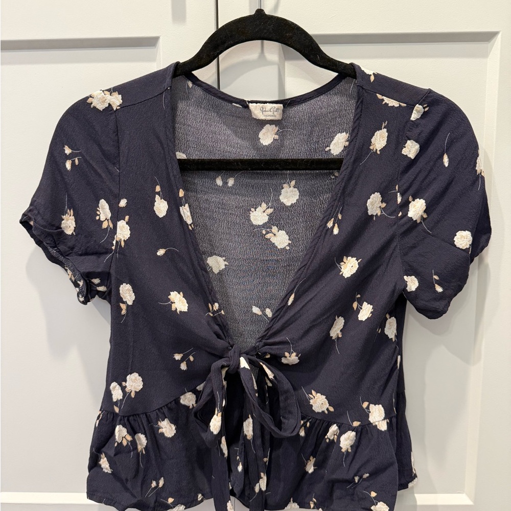 Brandy Melville Navy Floral Tie-Front Blouse
